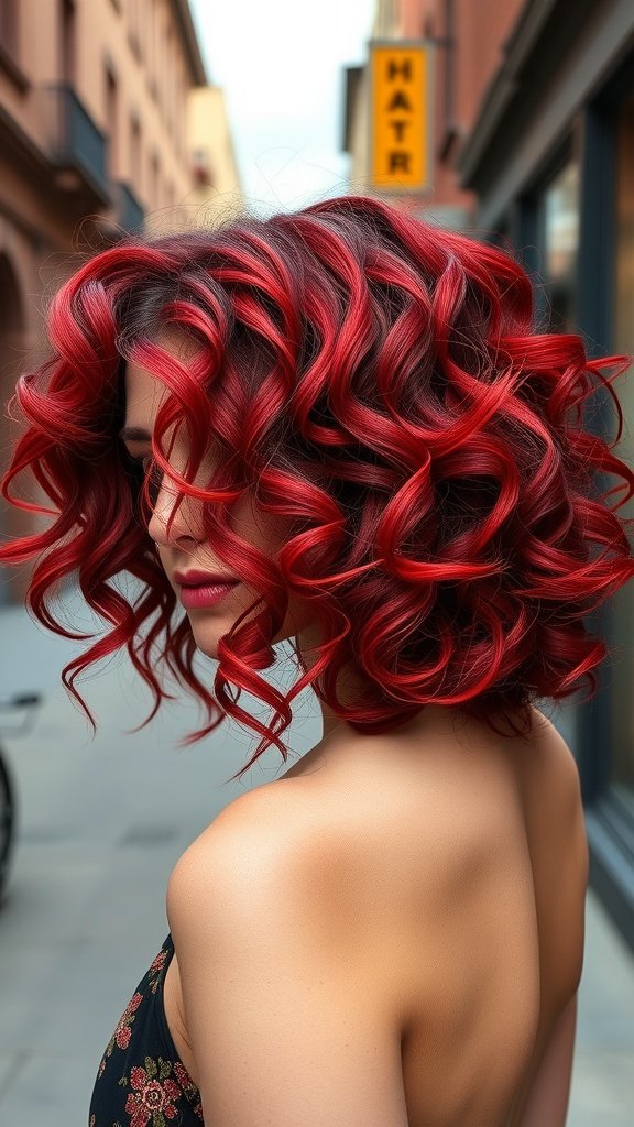 A woman with cherry red shag haircut and voluminous curls, showcasing a vibrant hairstyle.