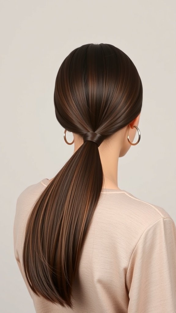 A sleek low ponytail hairstyle in chocolate brown color, showcasing smooth and shiny hair.