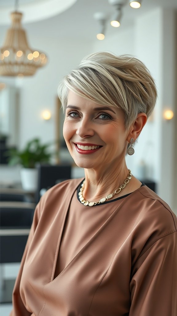 A woman with a choppy pixie haircut and a deep side part, smiling confidently.
