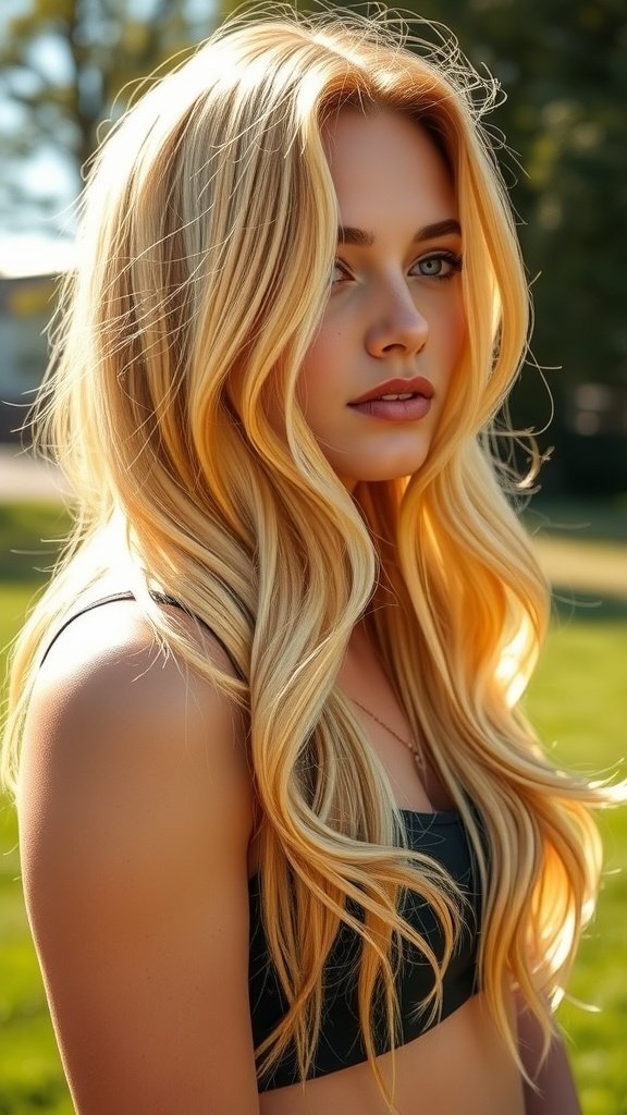 A woman with long, wavy citrus blonde hair featuring lemon highlights, standing outdoors.