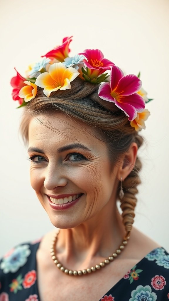 A woman with a crown braid updo decorated with colorful flowers, smiling confidently.