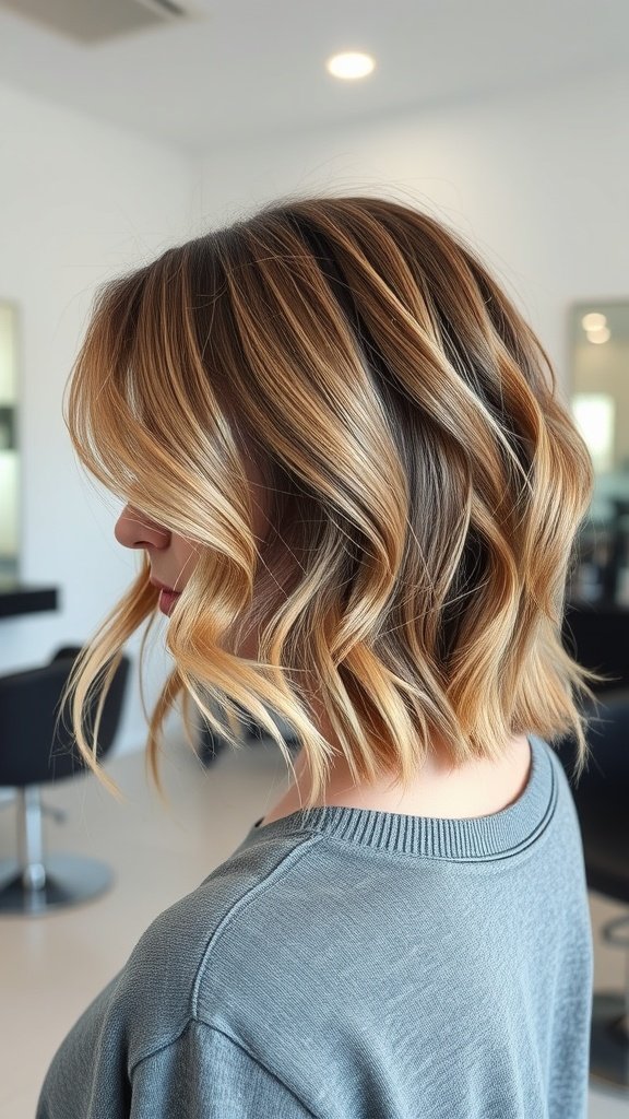 A side view of a woman with an ear-length layered bob haircut, featuring soft waves and warm tones.
