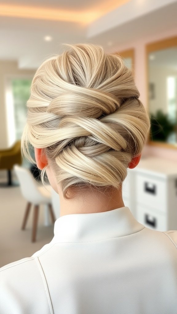 A close-up view of a platinum blonde bun with dark root undertones, featuring intricate braiding.