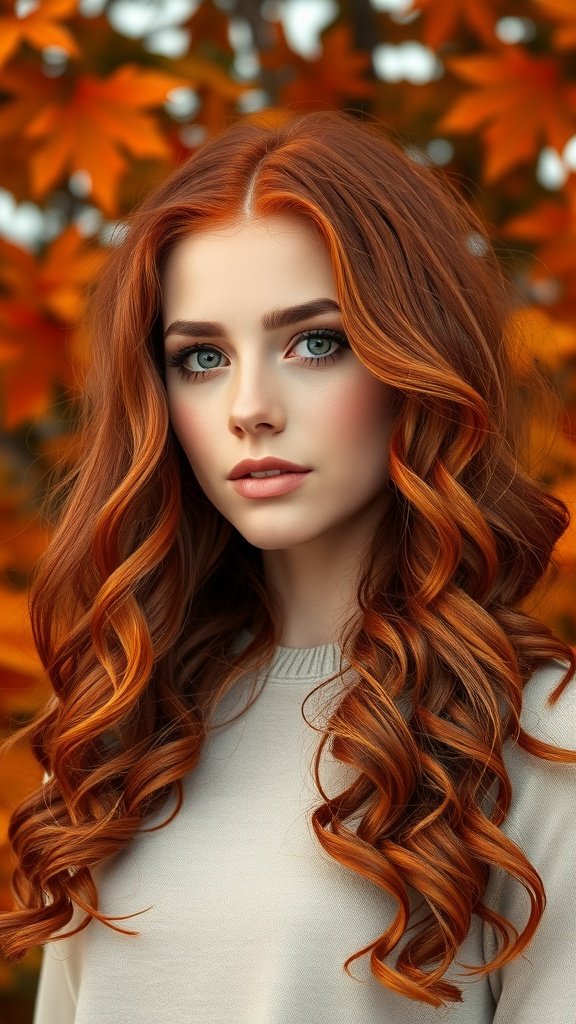A model with fiery copper curls against a backdrop of autumn leaves.