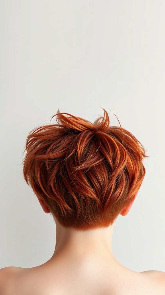 A back view of a fiery red shaggy pixie cut with an undercut, showcasing vibrant color and layered texture.