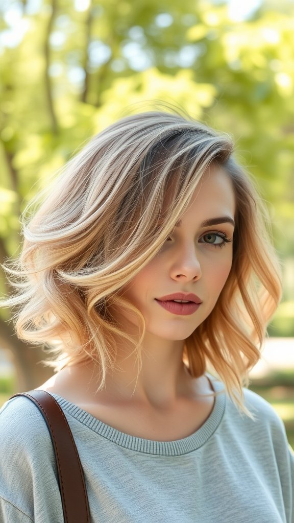 A woman with a flowy pixie hairstyle featuring cascading layers, set against a natural background.