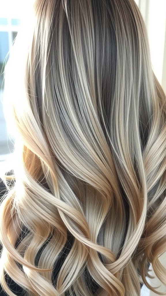 Glossy silver balayage on ash blonde hair with soft waves