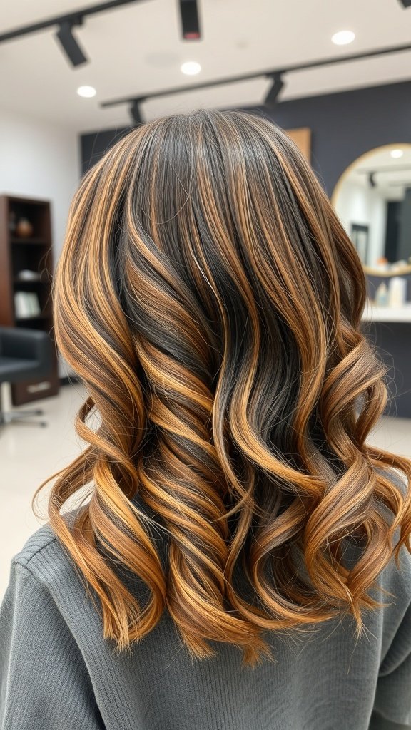 Inverted lob hairstyle with soft curls and a blend of colors