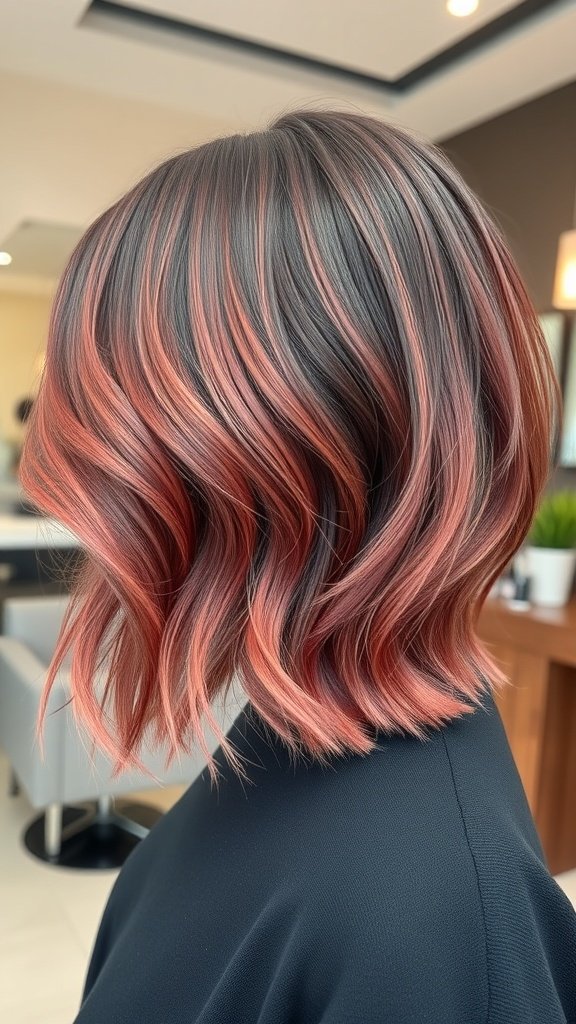 A stylish layered bob hairstyle with outward curls and vibrant color highlights.