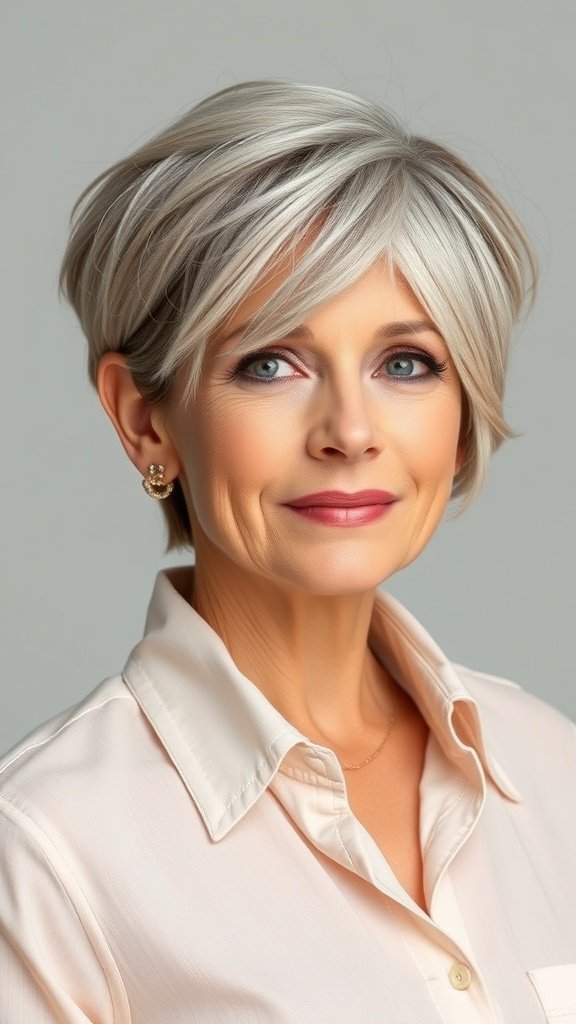 A woman with a layered crop hairstyle featuring side bangs, showcasing a fresh and youthful look.