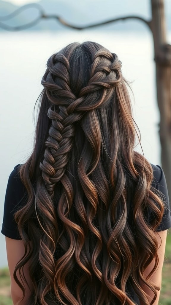 Long dark brown hair styled with boho braids and loose waves