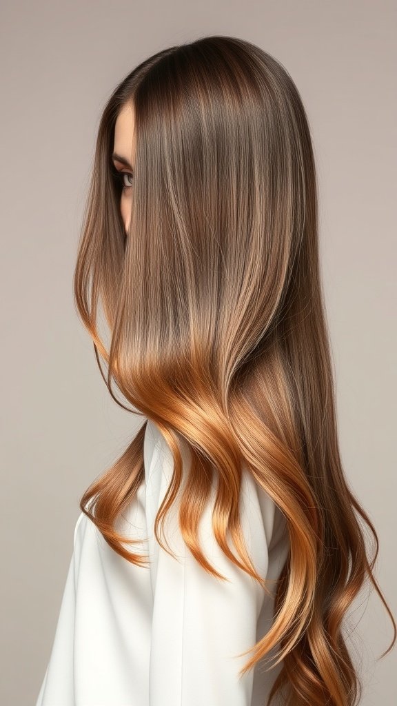 Long straight hair with soft waves at the ends, showcasing a beautiful color gradient.
