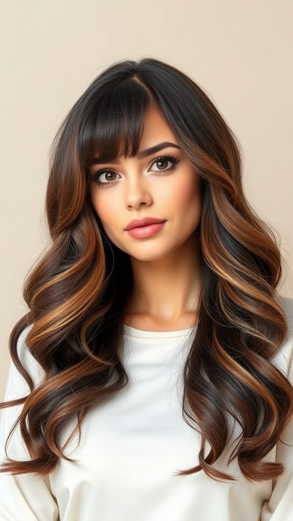 A woman with long waves and side-swept bangs, showcasing a soft and feminine hairstyle.