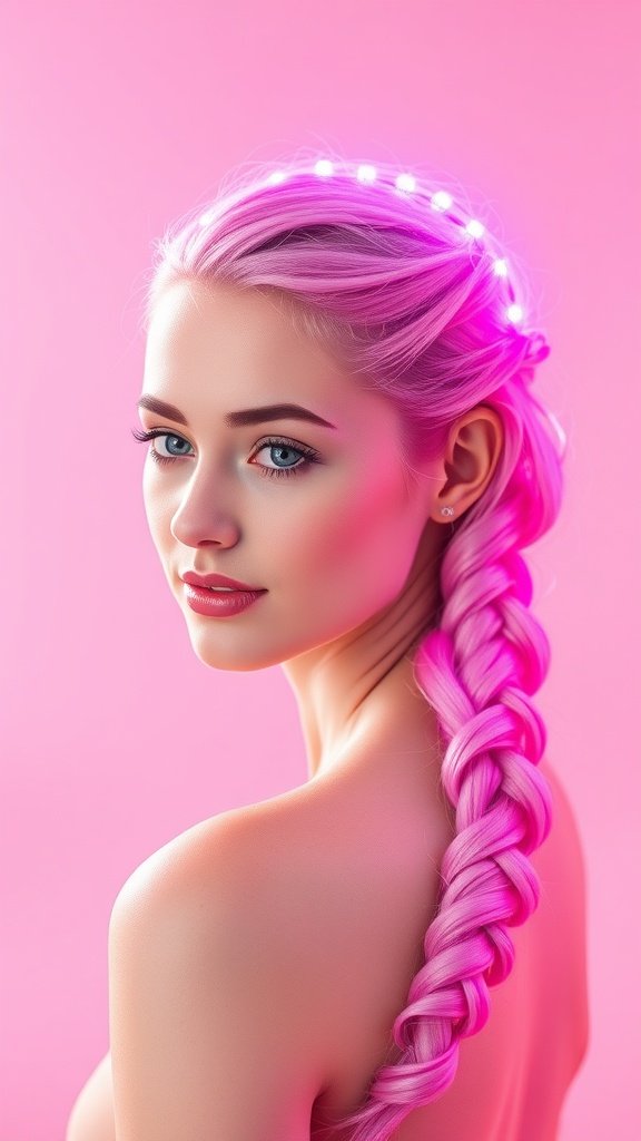 A woman with luminous pink hair styled in a halo braid, featuring soft lights around her head, against a pink background.