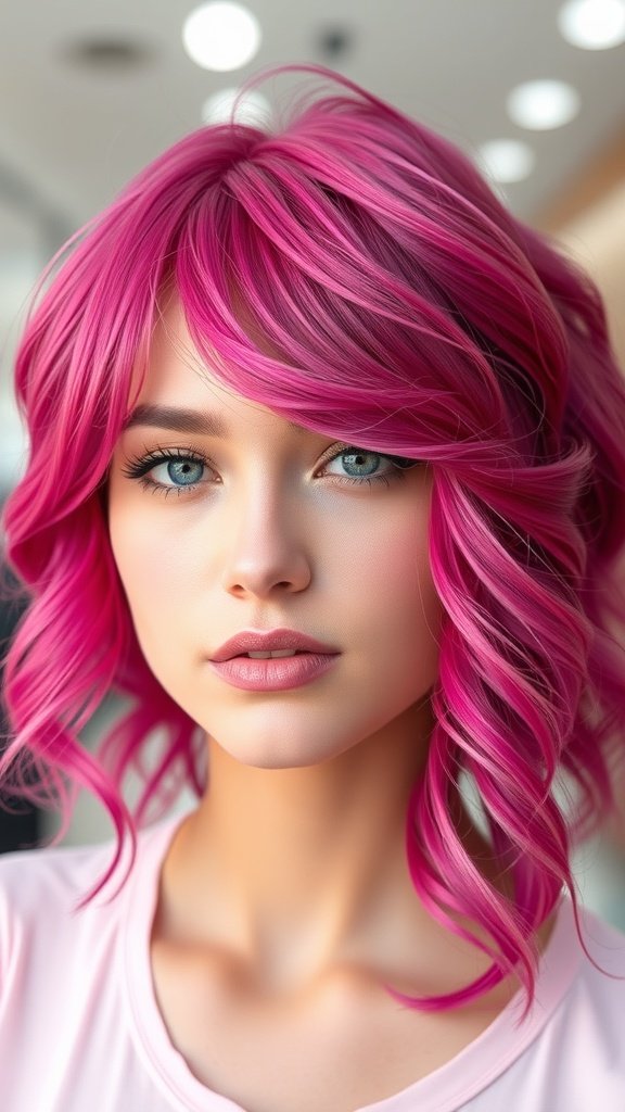 A woman with magenta hair featuring baby pink money piece highlights, showcasing a vibrant and playful hairstyle.