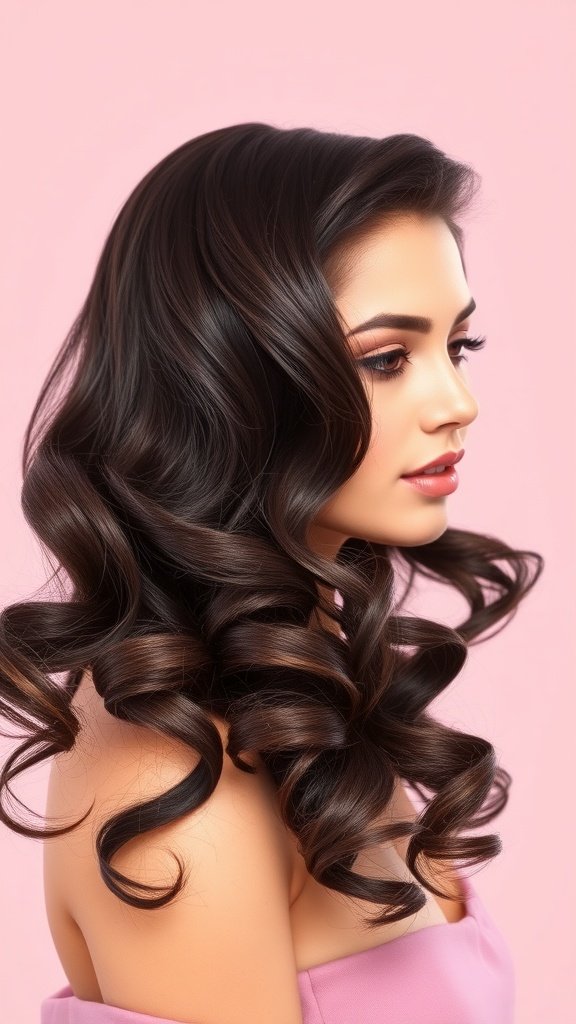 A woman with medium-length retro waves in her hair, showcasing defined curls and a shiny finish.