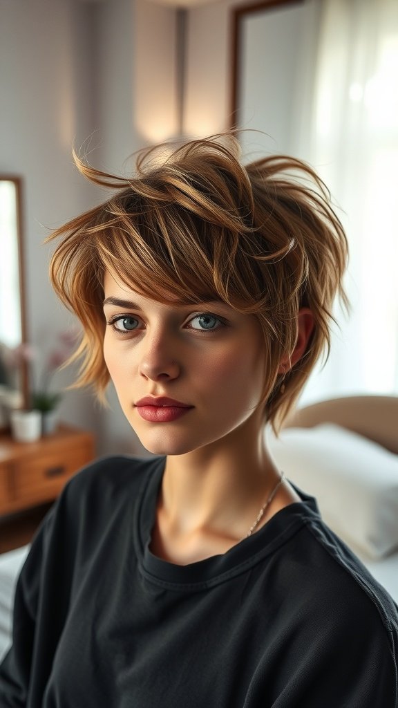 A young woman with a messy bedhead pixie cut, showcasing thick hair with tousled layers.