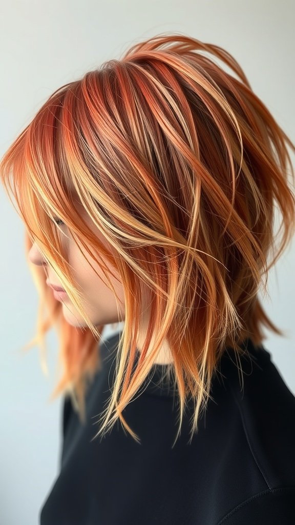 A woman with a messy shag haircut featuring feathered bangs and vibrant orange and blonde highlights.