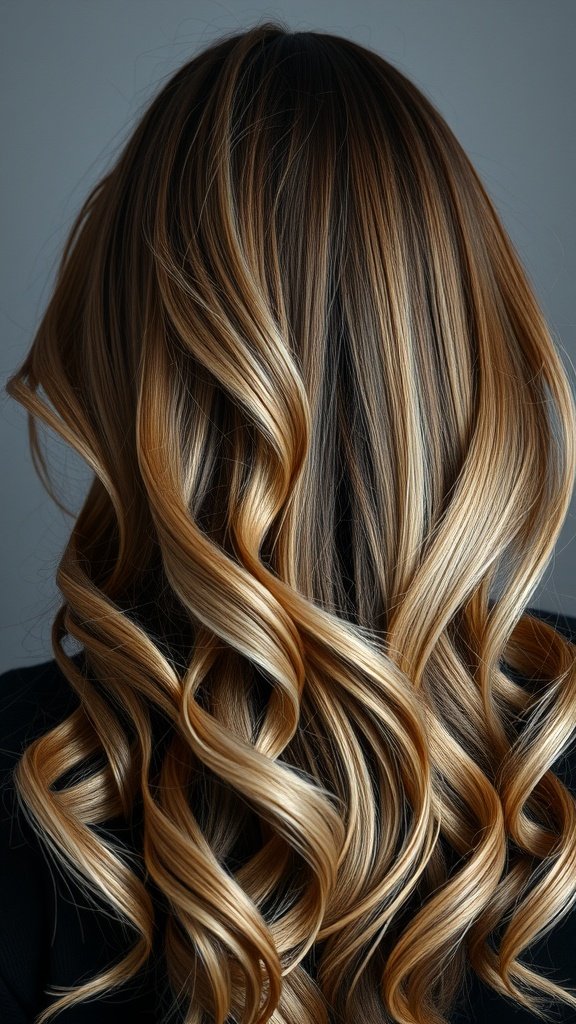 A back view of hair styled in soft curls with light brown and pearl highlights.