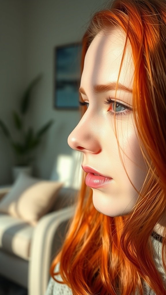 A woman with muted coral red hair, showcasing a soft and radiant look.