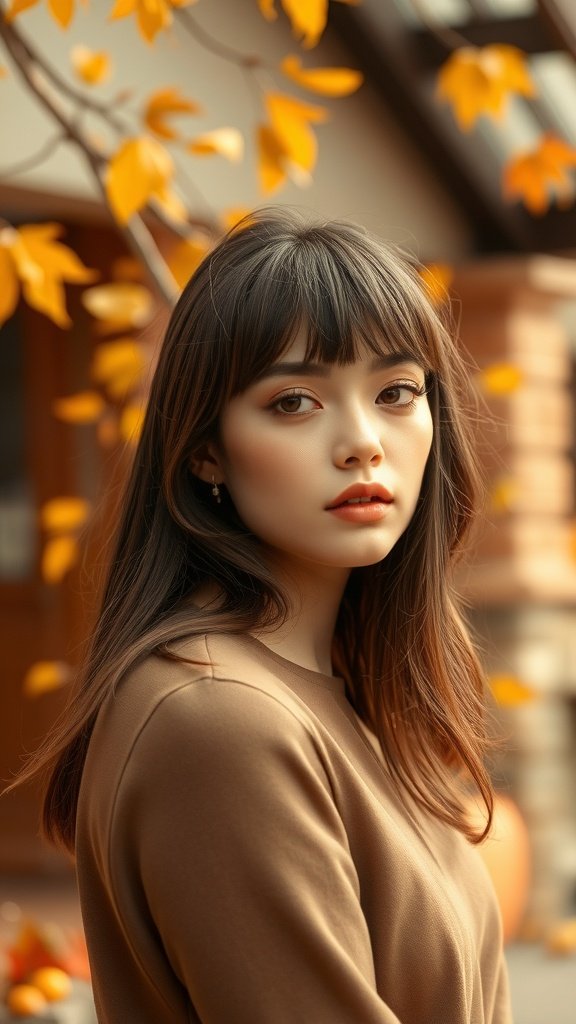 A model with pin straight curtain bangs, showcasing a sleek hairstyle against an autumn backdrop.