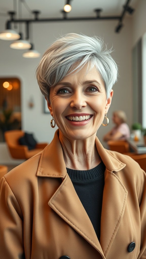 A woman with a stylish pixie haircut featuring jagged layers, smiling in a modern setting.