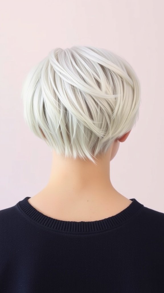 Back view of a platinum blonde pixie cut with textured layers