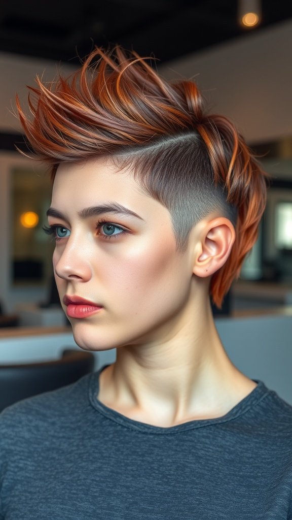 A close-up of a person with a razor-cut hairstyle featuring a feathered crown, showcasing vibrant colors and sharp edges.