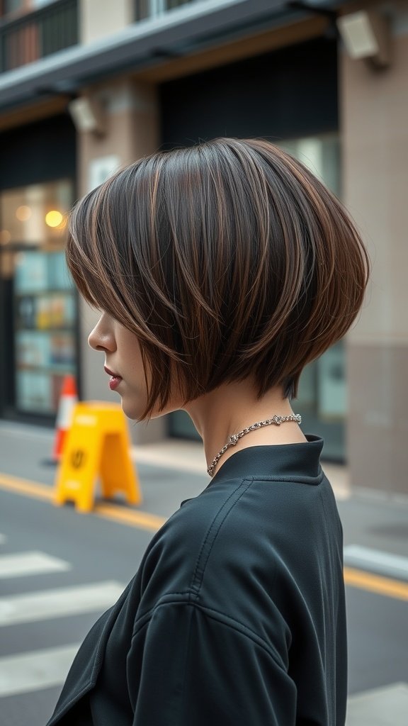 A woman with a razor-sharp bob hairstyle featuring choppy ends and a deep side part, showcasing a stylish and confident look.
