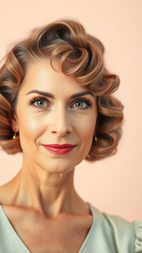 Woman with a retro bob hairstyle featuring vintage pin curls, smiling softly against a pastel background.