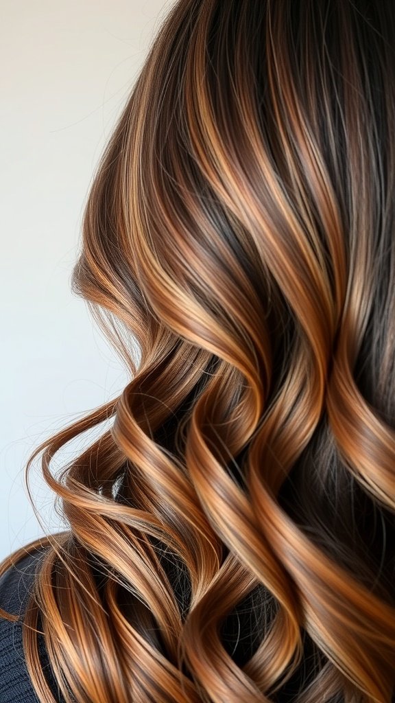 Close-up of rich espresso hair with toffee blonde balayage, showcasing beautiful curls and highlights.