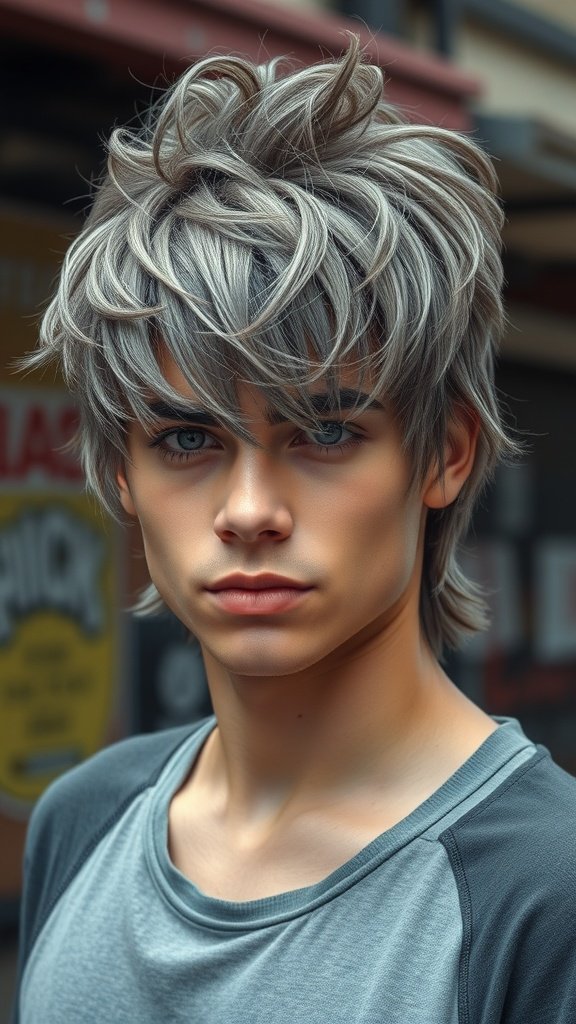 A young person with a salt-and-pepper shaggy mullet hairstyle, showcasing a modern and edgy look.