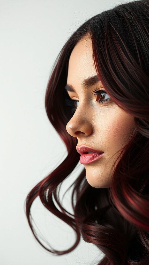 A close-up of a woman with cherry black fusion hair, showcasing soft waves and vibrant highlights.