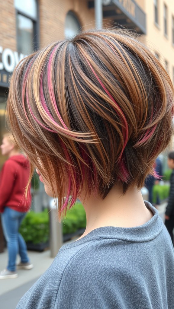 A stylish shag haircut with a zigzag part, featuring warm brown tones and pink highlights.