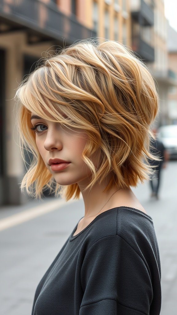 A woman with a shaggy bixie haircut featuring golden undertones, standing on a city street.