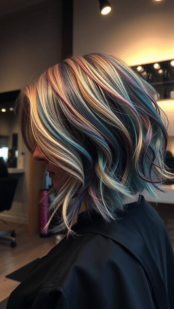 A stylish shattered bob hairstyle with curly ends, featuring vibrant color highlights.