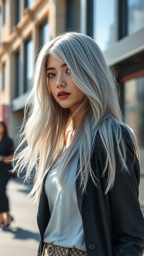 A woman with long silver hair styled in feathered layers, wearing a stylish outfit.