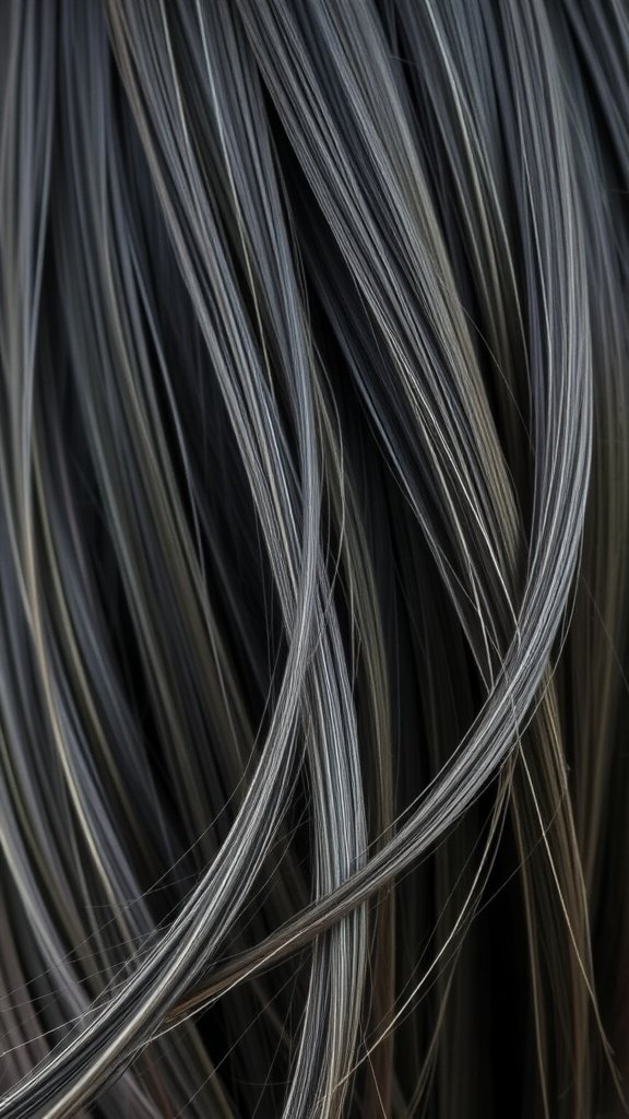Close-up of dark hair with sleek ash gray streaks