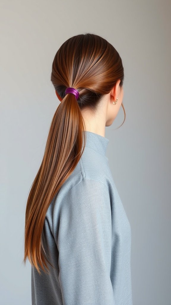 A woman with sleek mid-length hair styled in a ponytail, wearing a light blue top.