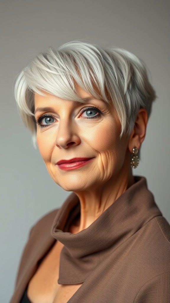 A woman with a sleek pixie haircut and long side bangs, wearing a stylish outfit and earrings.