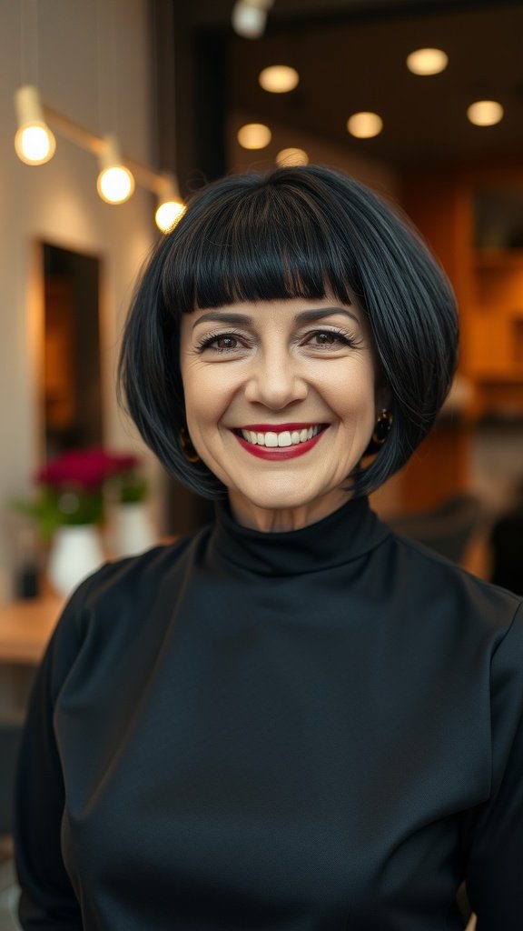 A woman with a sleek short bob hairstyle in jet black, smiling confidently.