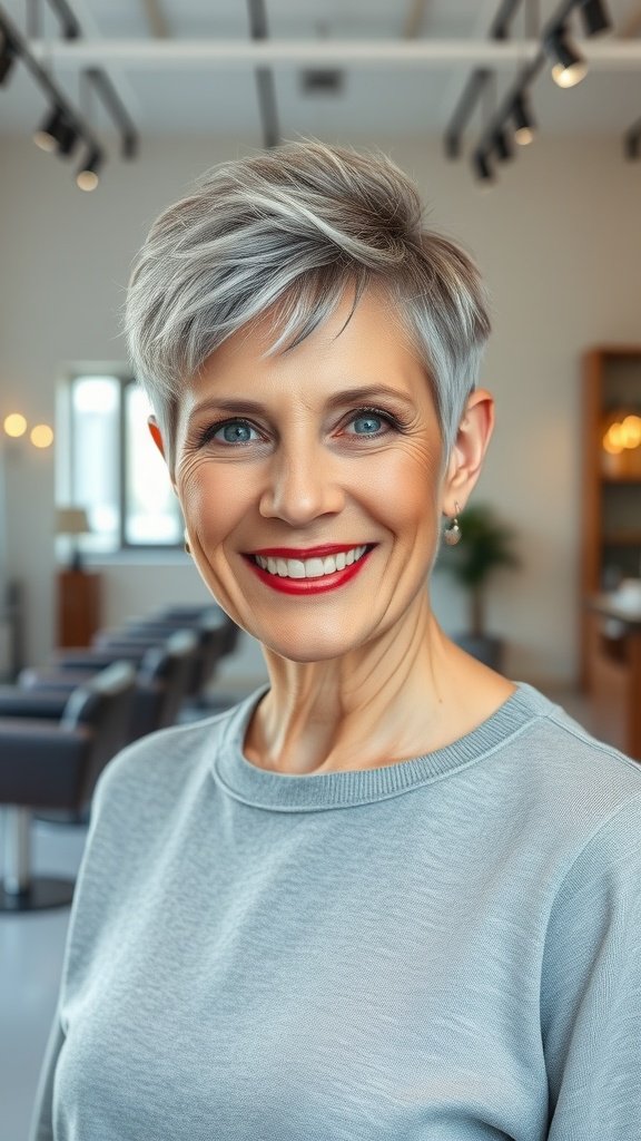 A woman over 50 with a spiky pixie haircut and textured layers, smiling confidently.