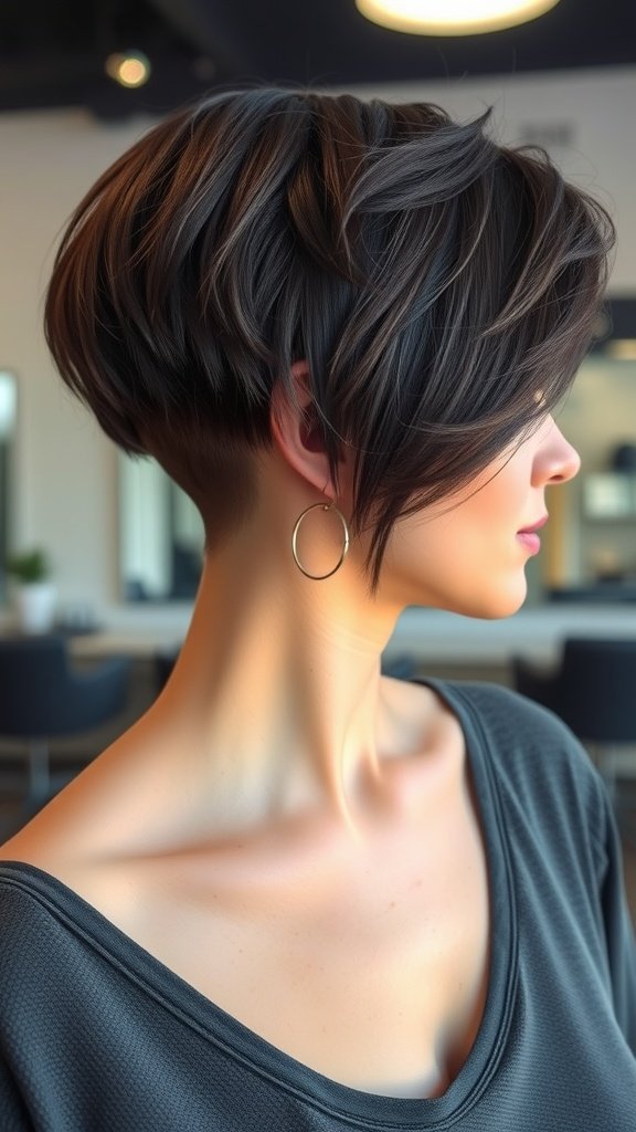 A woman with a textured undercut bob and side-swept bangs, showcasing a stylish and modern hairstyle.