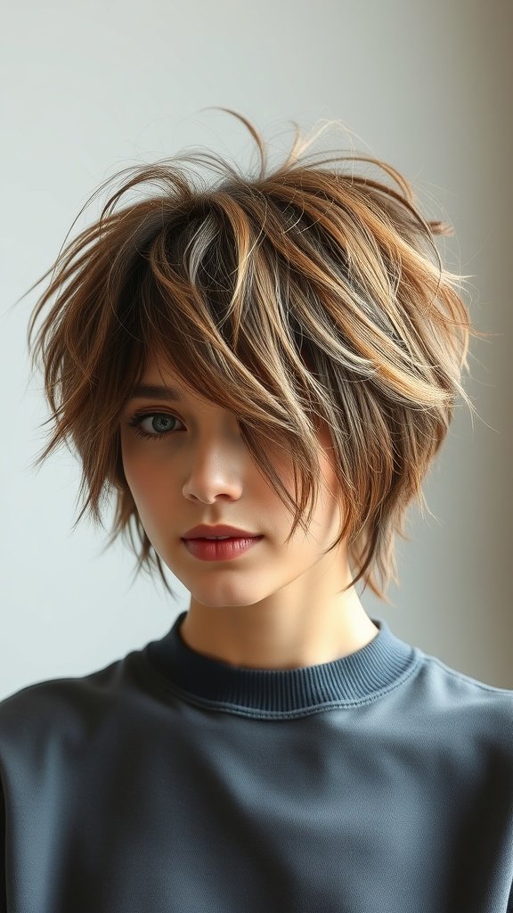A young woman with tousled short shag hairstyle featuring a middle part, showcasing layers and texture.