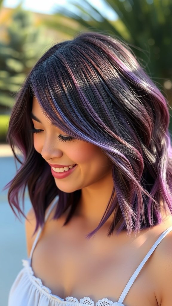 A woman with shoulder-length hair featuring twinkling twilight highlights in shades of purple and blue.