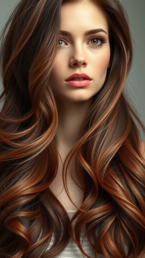 A woman with long auburn hair styled in soft waves, showcasing rich tones and a radiant look.