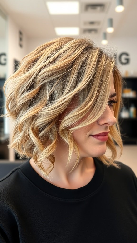 A woman with a wavy crop hairstyle featuring a textured top, showcasing soft waves and volume.