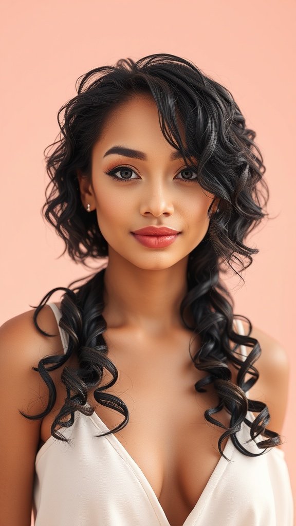 A woman with a wet look curly bob hairstyle, showcasing defined curls and a glossy finish.
