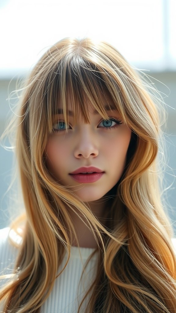A woman with long hair featuring wispy front layers, showcasing a soft and airy hairstyle.
