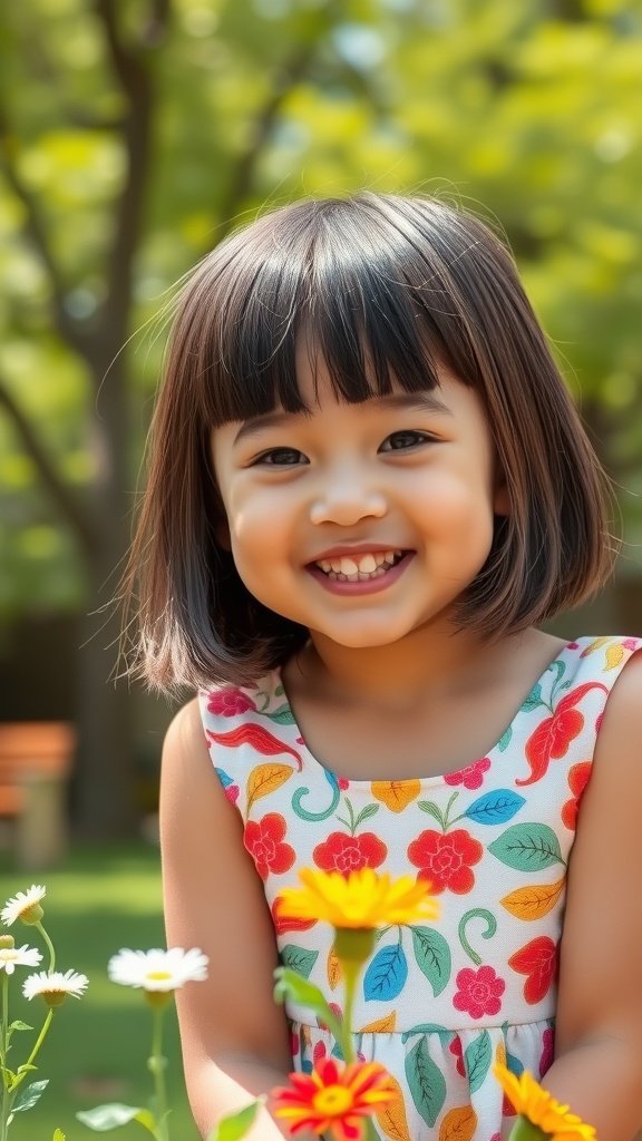 A smiling girl with shoulder-length blunt cut hair and a middle part, surrounded by flowers.